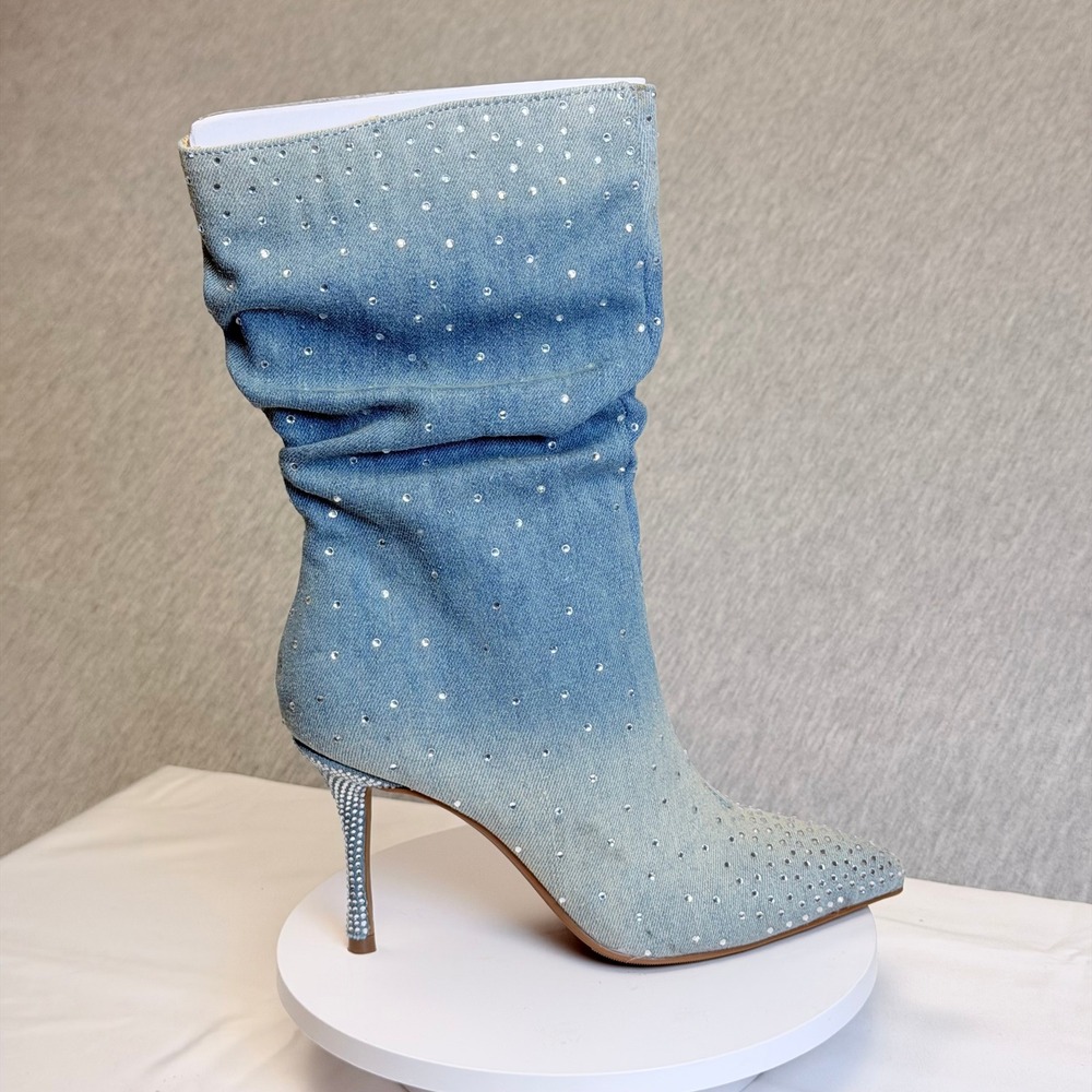 Thalia Sodi Raquell Ombre Denim Rhinestone Slouchy Stiletto Boots Blue 5M